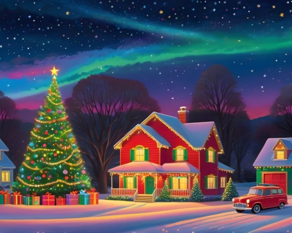 Snowy Christmas Town with Aurora Borealis Night Sky