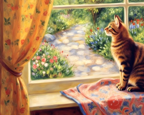 Striped Cat on Colorful Window Sill Overlooking Garden