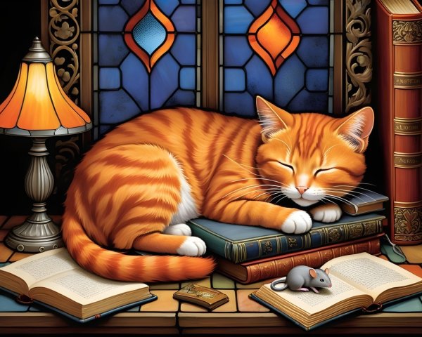 Sleeping Orange Tabby Cat on Stacked Old Books