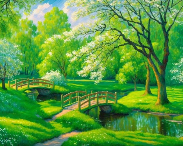 Serene Landscape with Green Meadow and Wooden Bridge