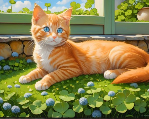 Orange Tabby Cat in Sunlit Garden Setting