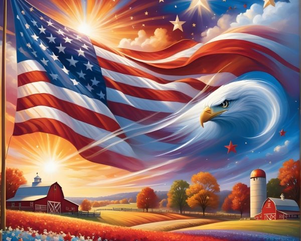 American Flag and Eagle Over Scenic Farm Landscape