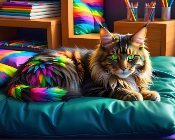 Luxurious Maine Coon Cat on Teal Cushion with Pillows