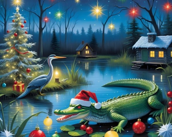 Whimsical alligator in Santa hat amidst Christmas scene