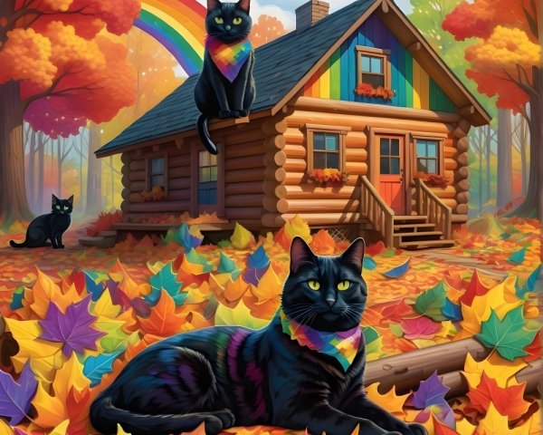 Cozy log cabin in autumn with playful cats and rainbow