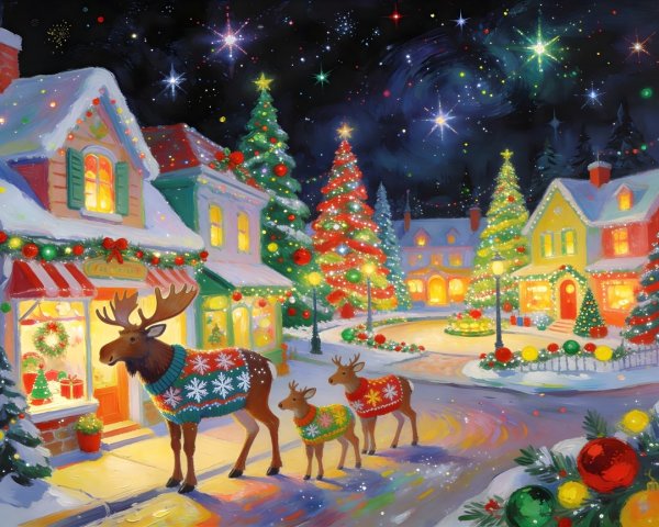 Christmas Town Square Watercolor with Moose and Reindeer