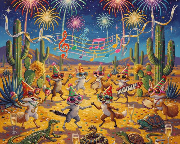 Whimsical Nighttime Desert Party with Dancing Animals