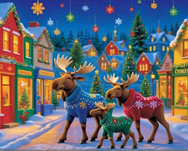 Cartoon Moose Family in Snowy Christmas Village Scene