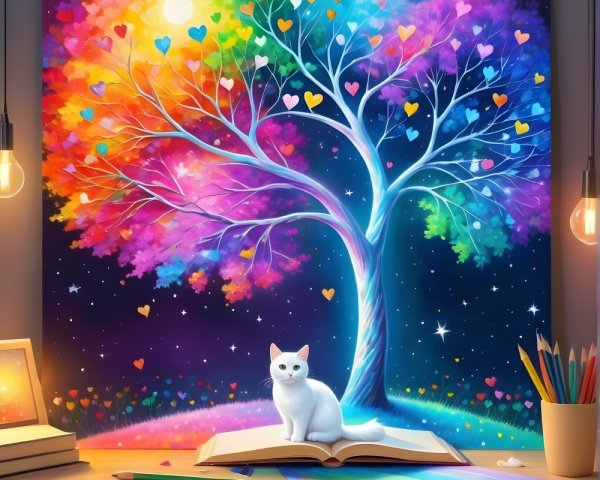 Colorful Tree and Cat Under Starry Sky Scene