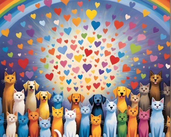 Colorful Cats and Dogs with Rainbow and Hearts