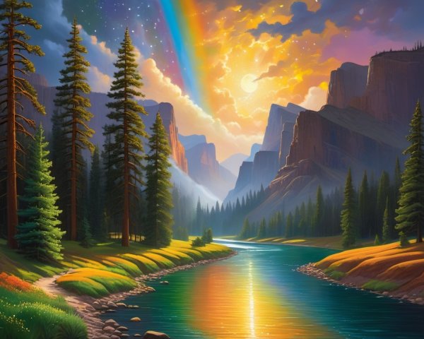 Majestic Mountain Landscape with Rainbow and River