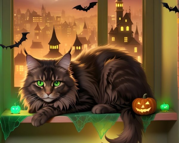 Long-haired cat with Halloween decor and city skyline