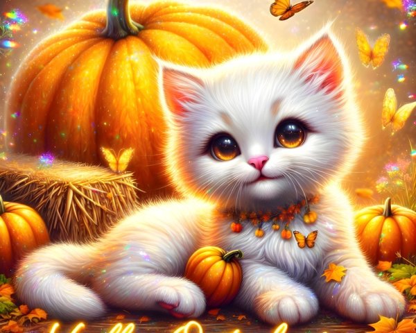 Fluffy White Kitten with Pumpkins and Autumn Decor