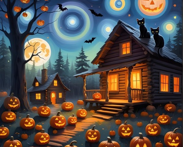 Whimsical Halloween Scene with Cats and Jack-o'-Lanterns