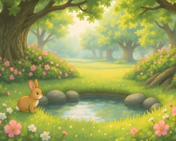 Serene woodland scene with pond and rabbit in sunlight