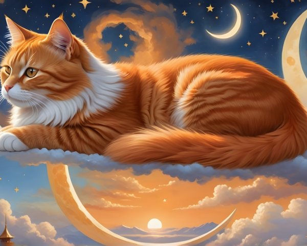 Orange and white cat on cloud in dreamy night sky