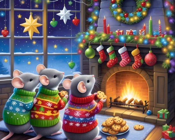 Cozy Christmas Scene with Cartoon Mice in Sweaters