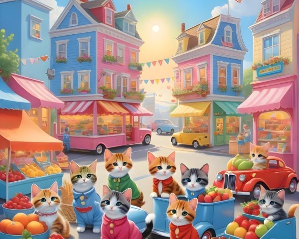 Cats in Colorful Outfits at Sunset Market Square