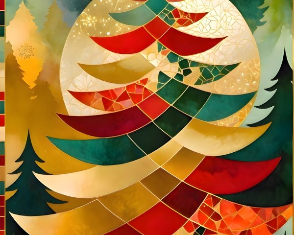 Stylized Mosaic Christmas Tree in Forest Background