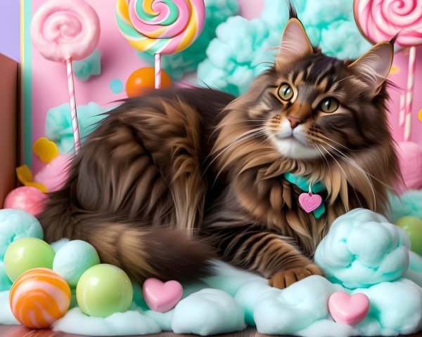 Maine Coon Cat in a Colorful Candy-Themed Setting