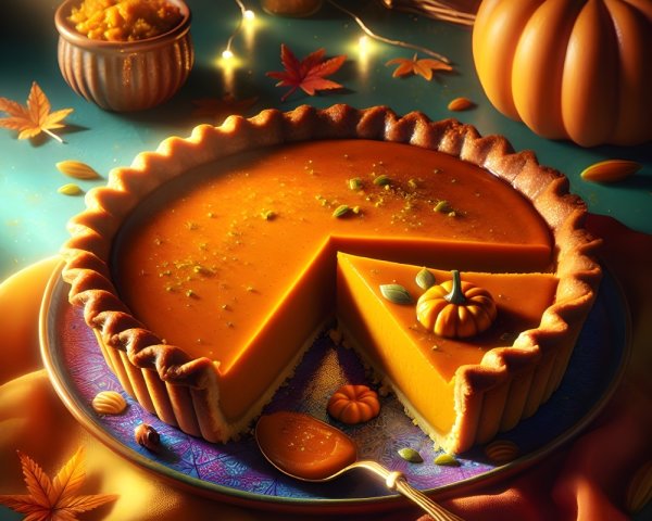 Pumpkin Pie on Ornate Plate with Autumn Decor