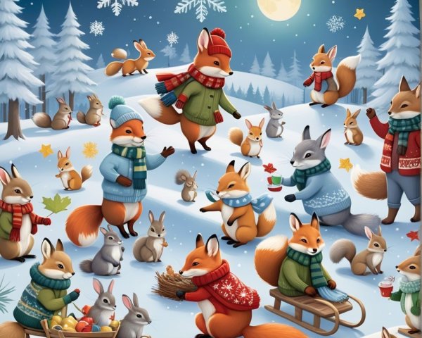 Whimsical Winter Scene with Foxes and Rabbits