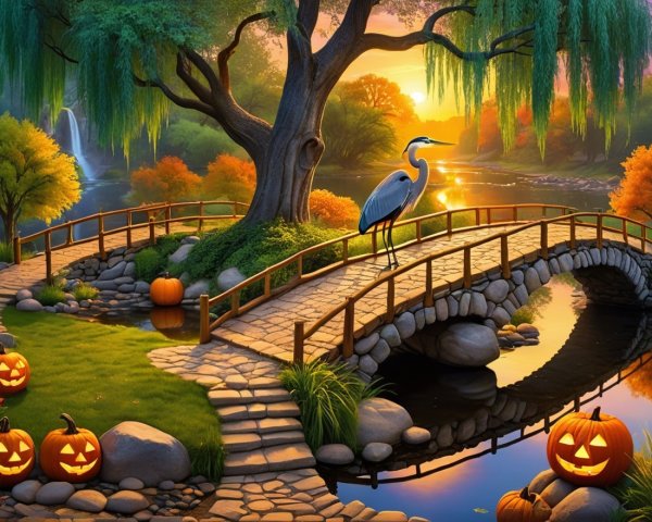 Autumn Landscape with Stone Bridge and Herons