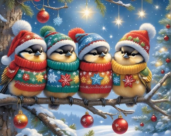 Winter Scene with Birds in Festive Sweaters and Ornaments
