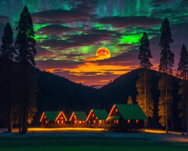 Cozy Log Cabins Under Vibrant Twilight Auroras