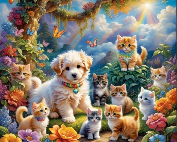 Whimsical Scene of Puppy and Kittens in Nature