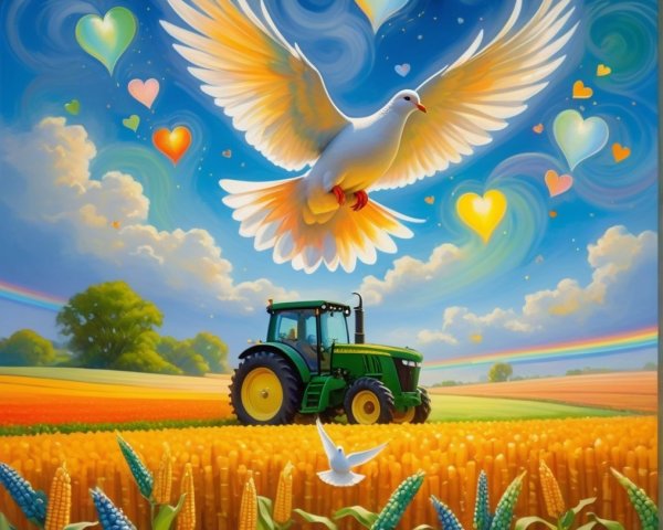 Vibrant Landscape with Tractor, Dove, and Rainbow