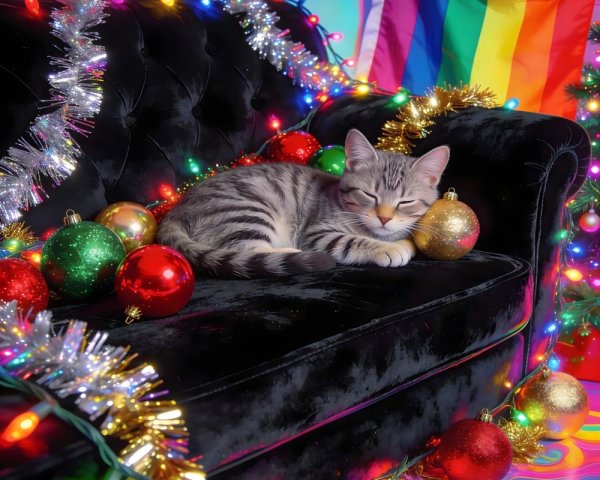 Tabby Cat on Velvet Sofa with Christmas Decor