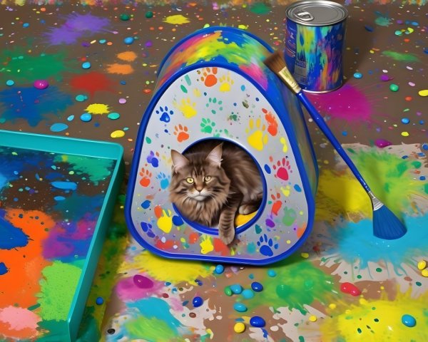 Playful Tabby Cat in Colorful Abstract Cat House