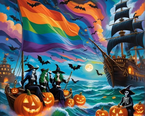 Witches on a Boat in a Whimsical Halloween Scene