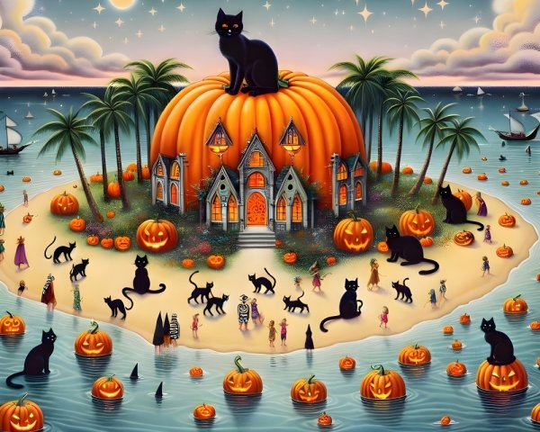 Whimsical Halloween Scene with Pumpkin House and Cats