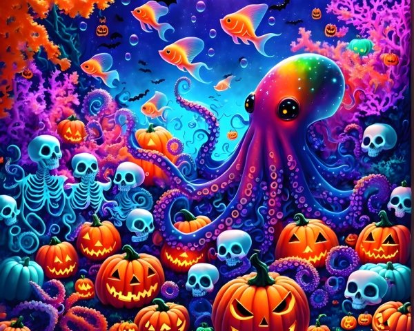 Vibrant Underwater Halloween Scene with Octopus and Fish