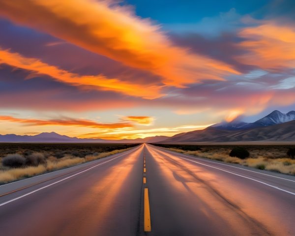 Deserted Highway with Sunset and Mountain Views