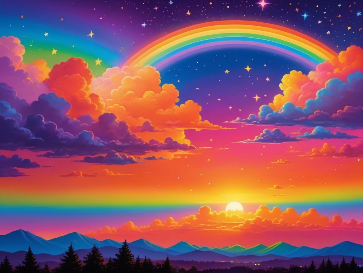 Vibrant sunset with rainbow over serene landscape