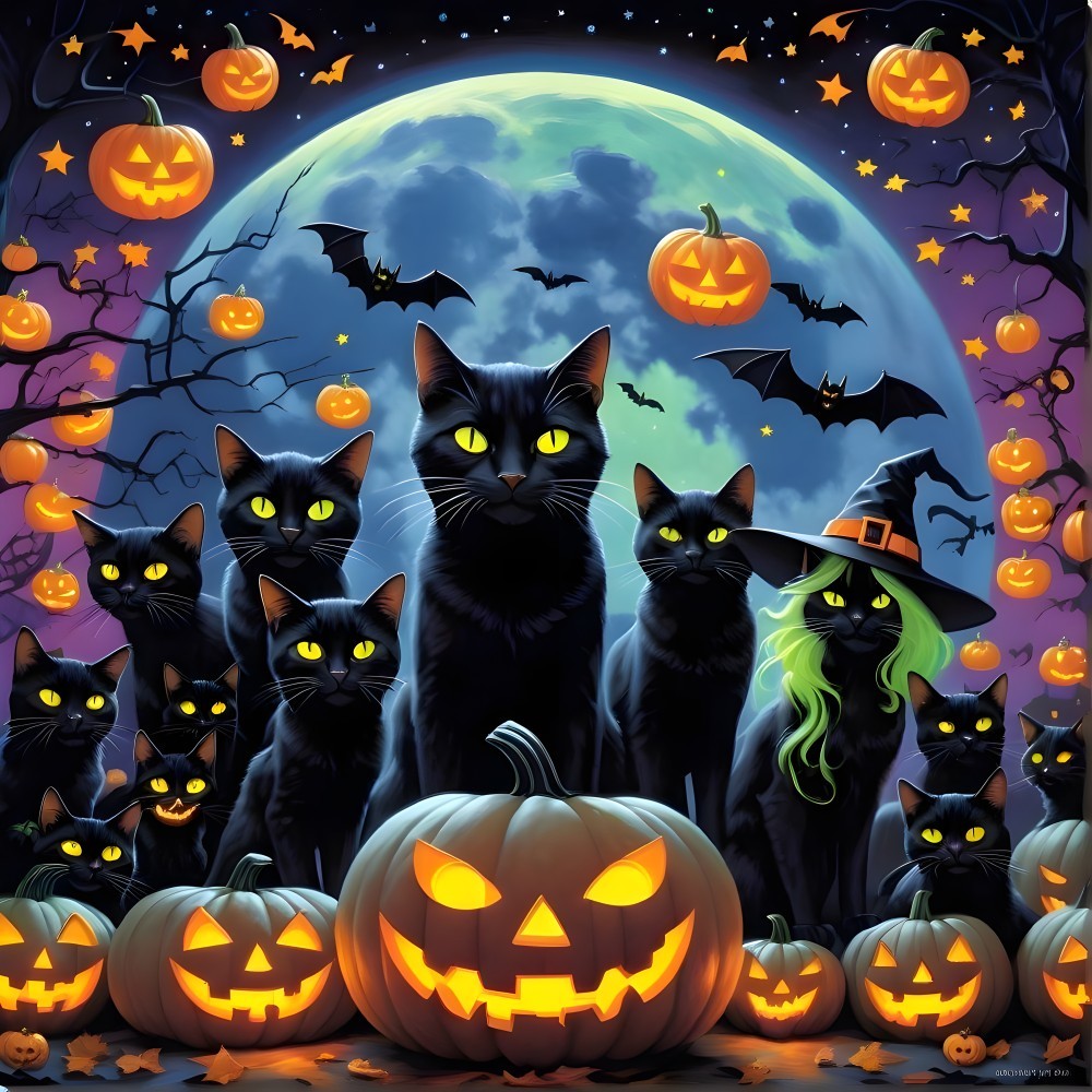 Whimsical Halloween Scene with Black Cats and Pumpkins