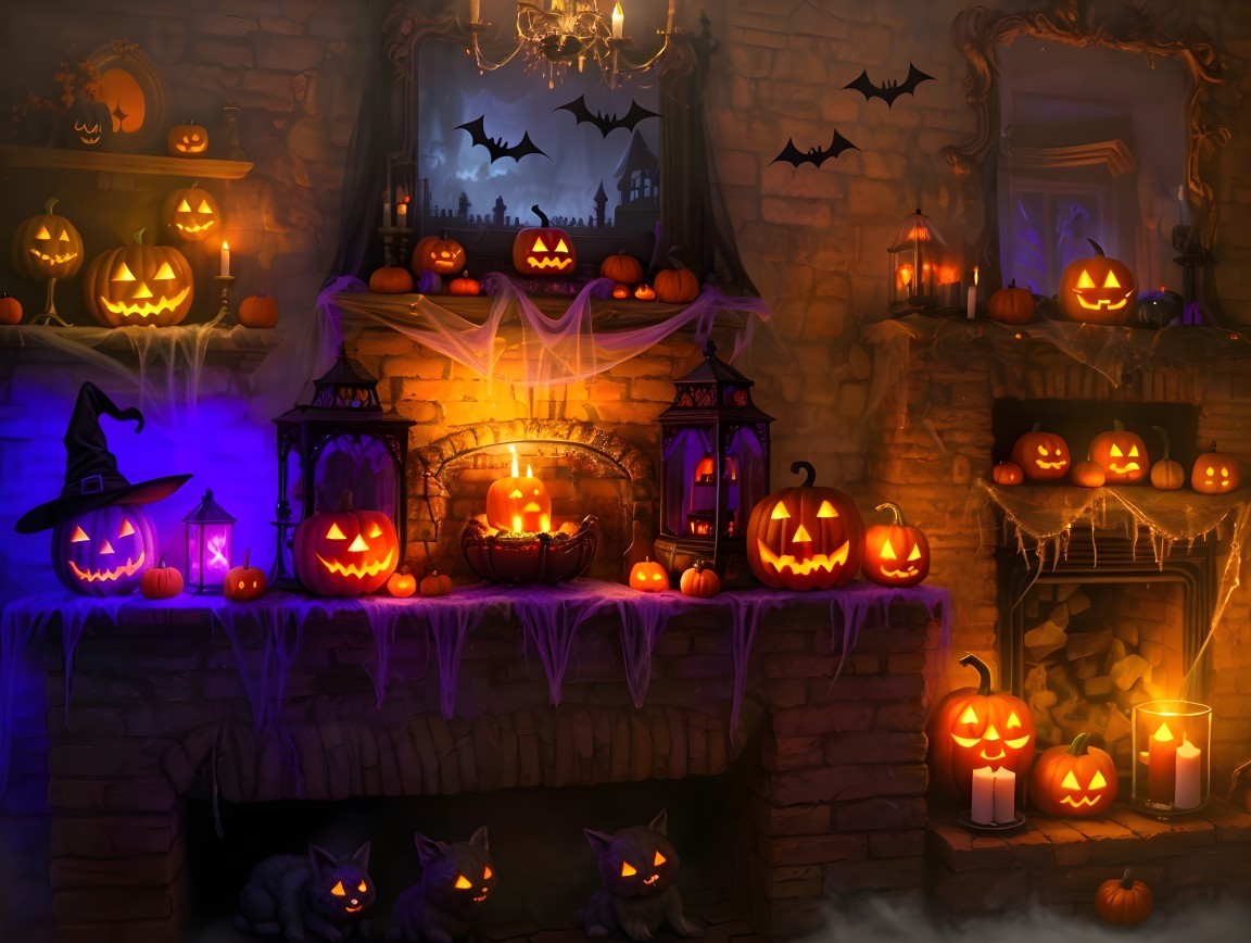 Cozy Halloween Scene with Jack-o'-Lanterns and Cats