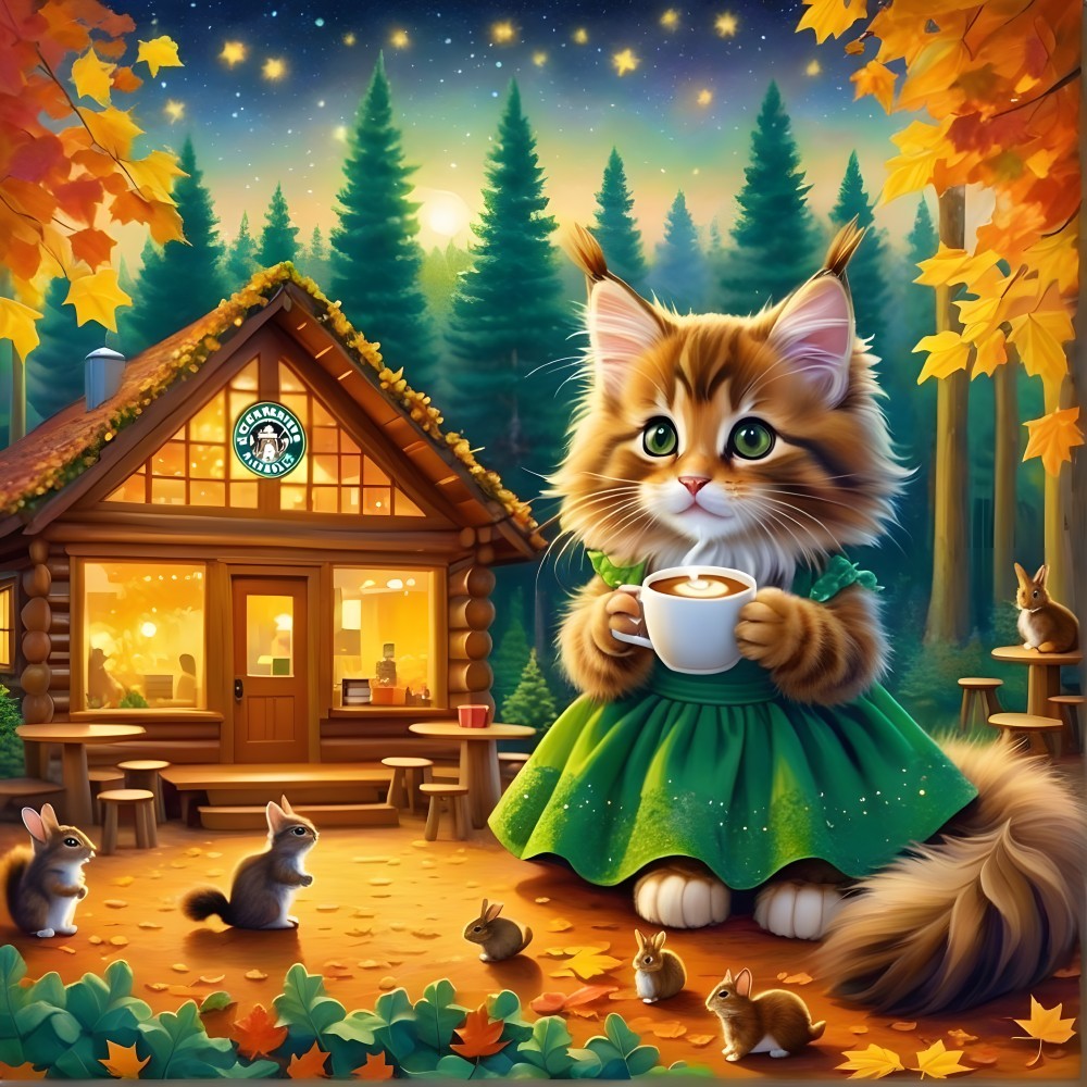 Fluffy Cat in Green Dress by Cozy Cabin with Animals