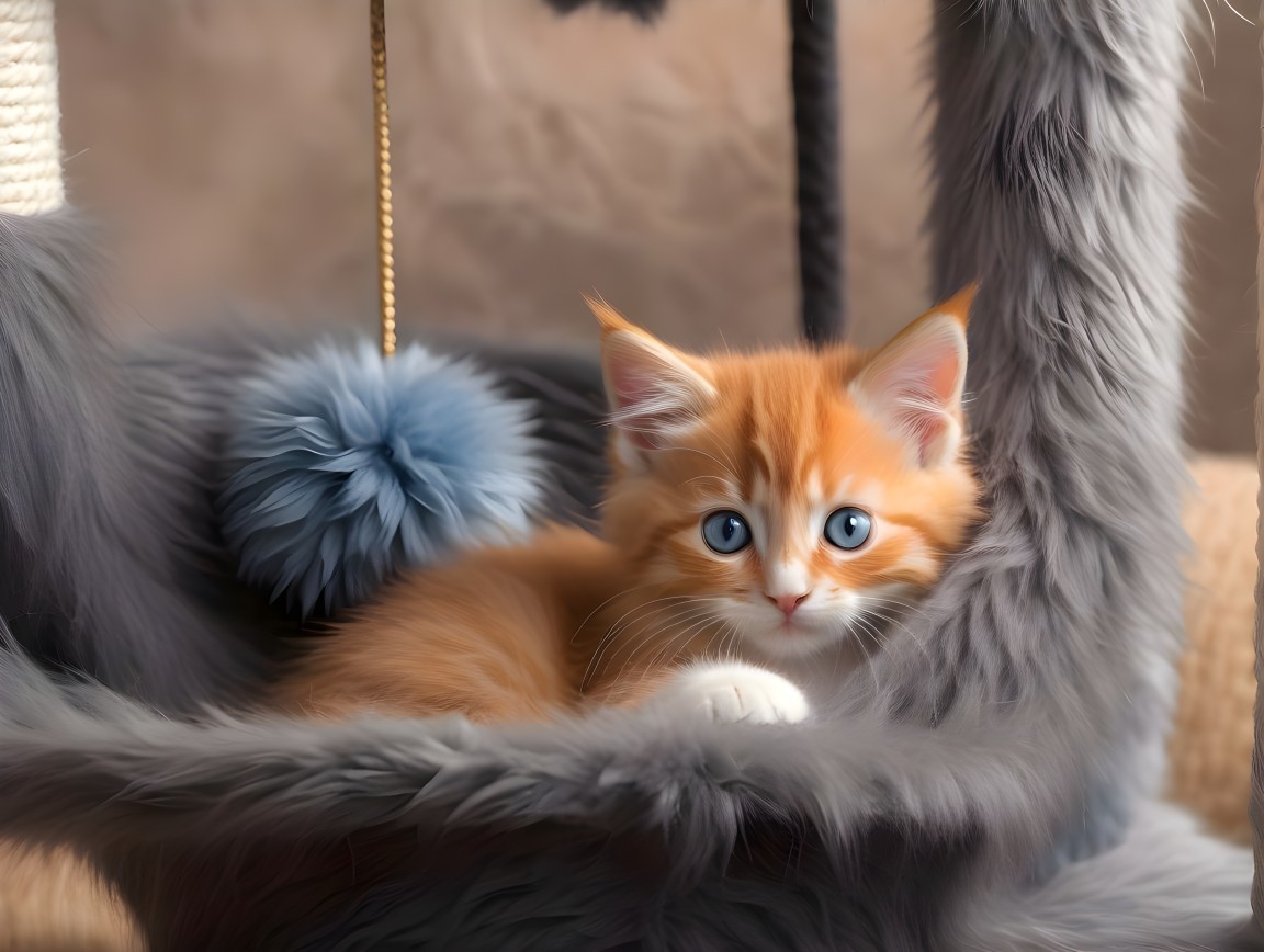 Fluffy Orange Kitten with Blue Eyes in Cozy Setting