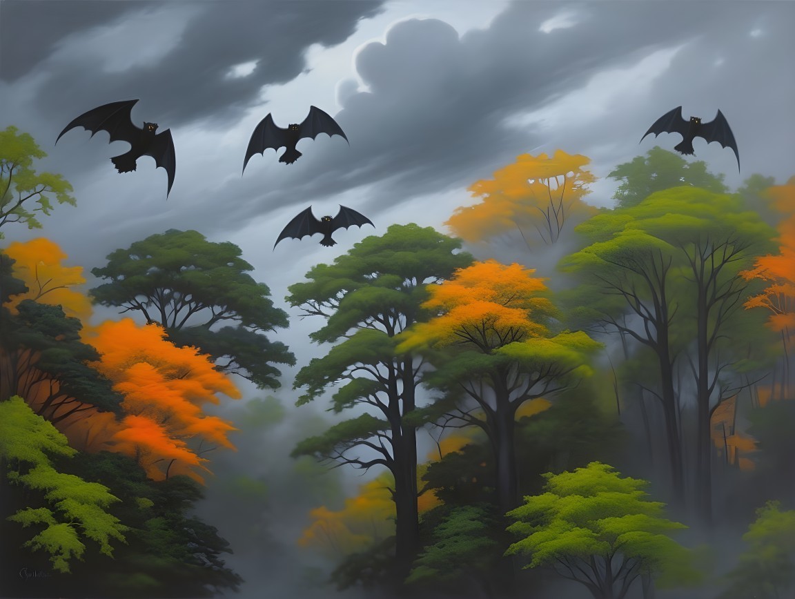 Misty Forest with Autumn Foliage and Bats in Sky