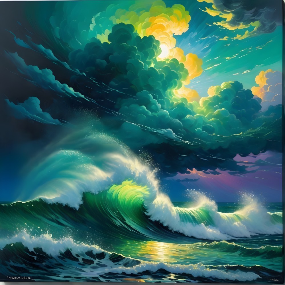 Dramatic Ocean Scene with Waves and Colorful Sky