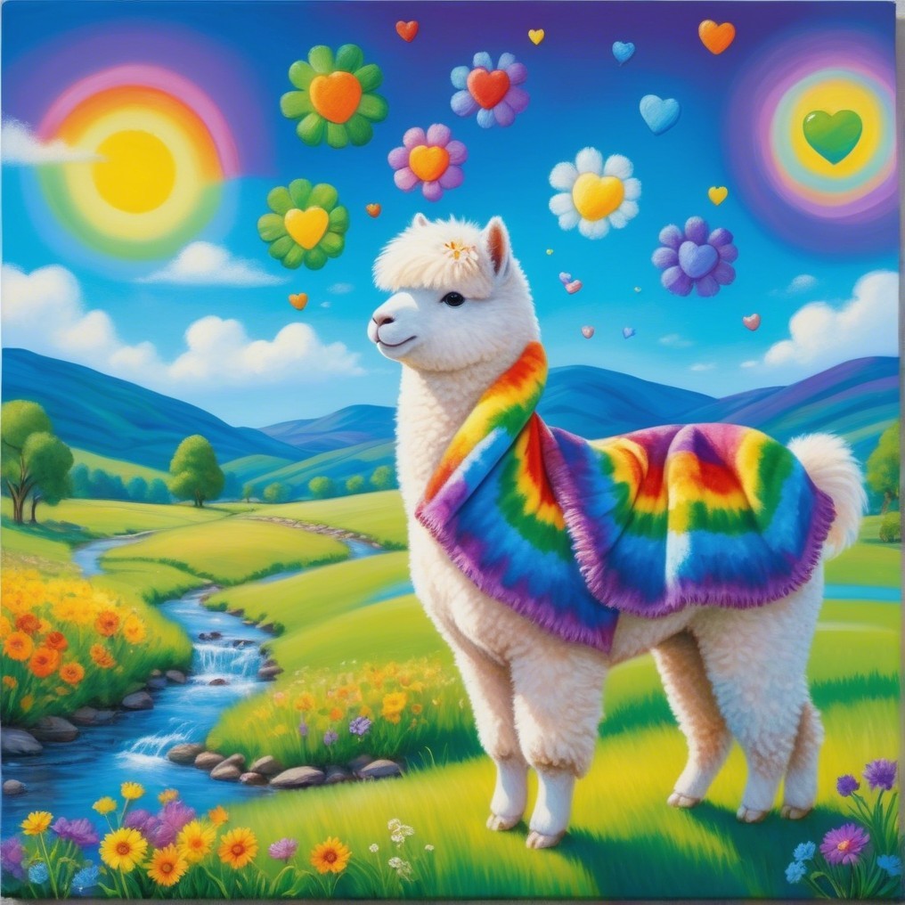 Whimsical Landscape with Cheerful Llama and Colors