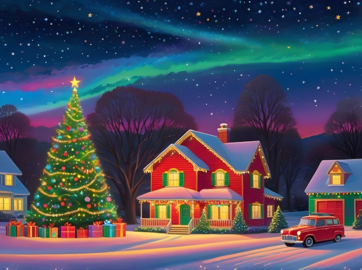 Snowy Christmas Town with Aurora Borealis Night Sky