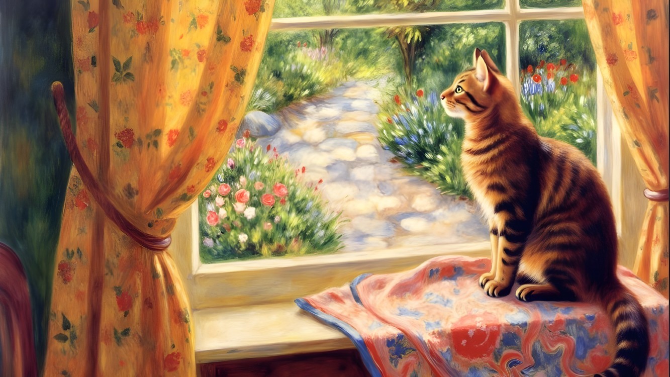 Striped Cat on Colorful Window Sill Overlooking Garden