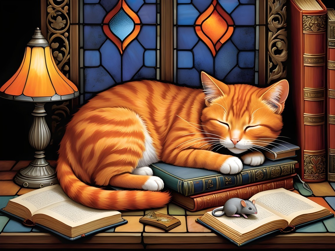 Sleeping Orange Tabby Cat on Stacked Old Books