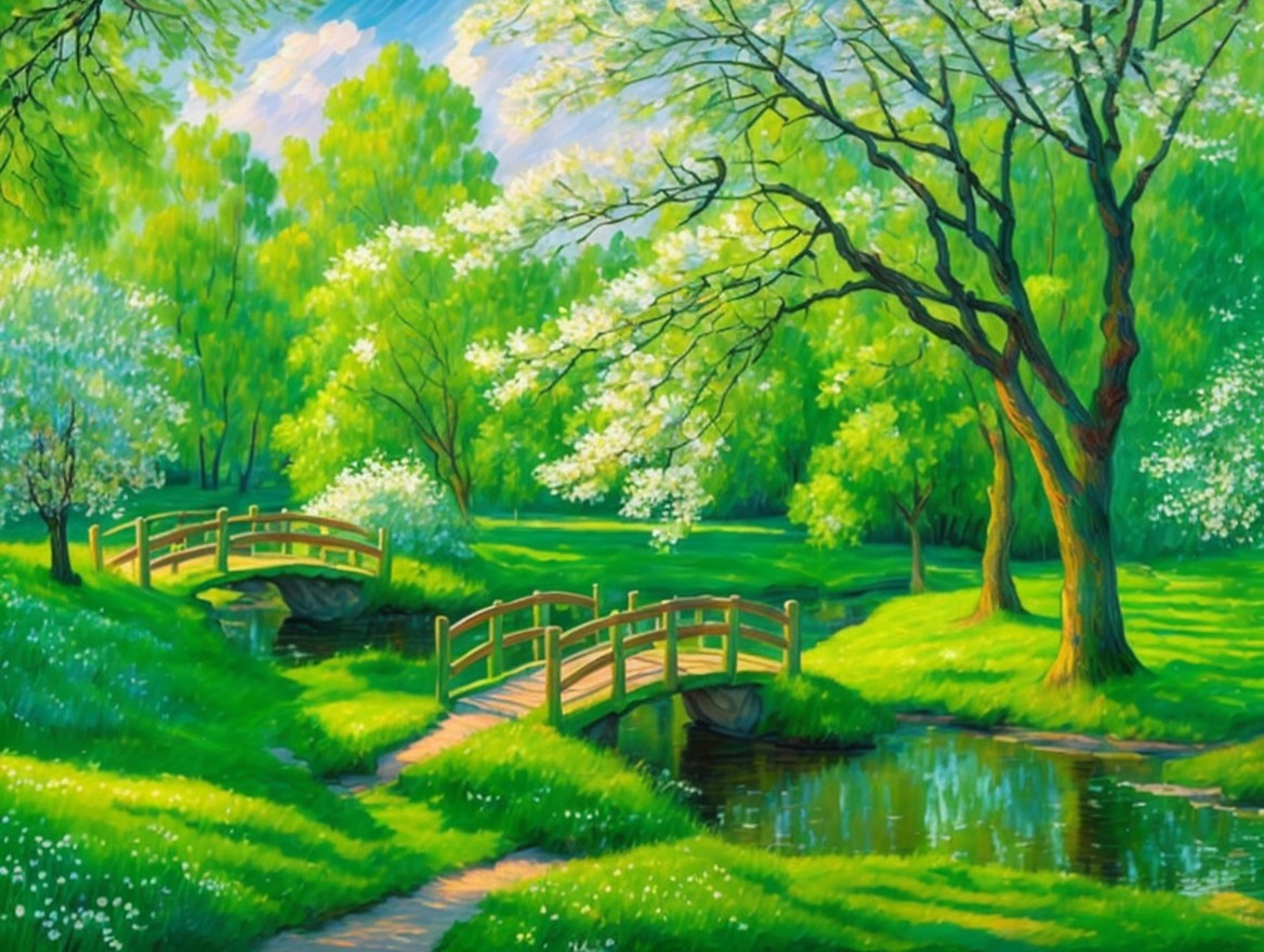 Serene Landscape with Green Meadow and Wooden Bridge