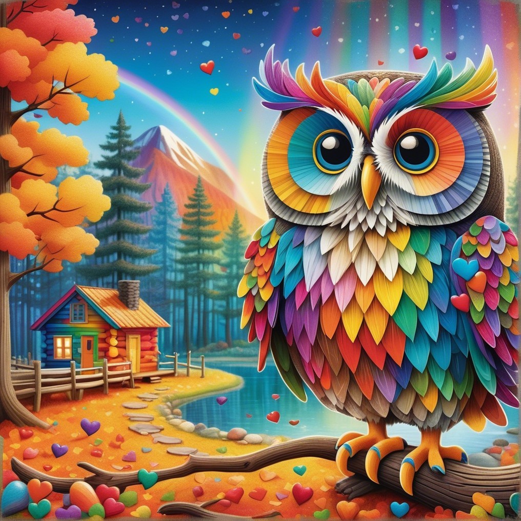 Whimsical Owl by a Starry Lake Cabin